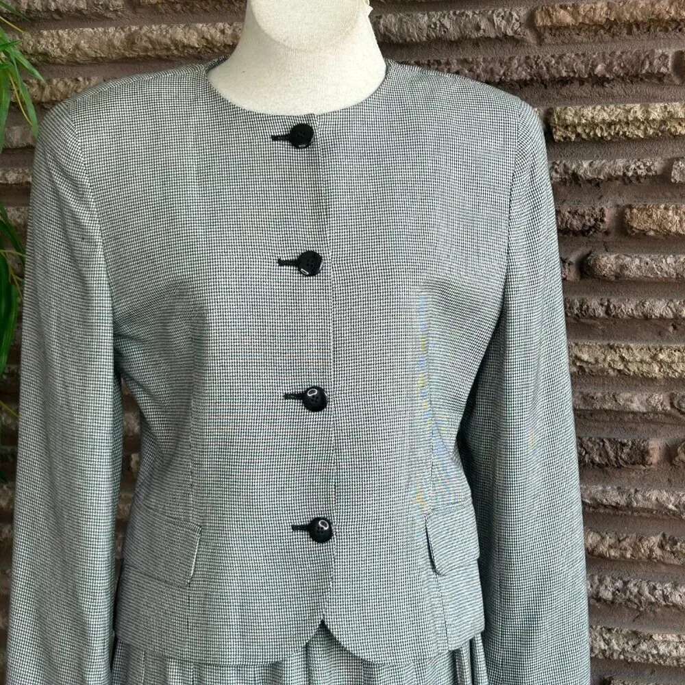 Christian Dior The Suit Vintage 80s Black Houndstooth Plaid Pleated Skirt Suit - Picture 6 of 8